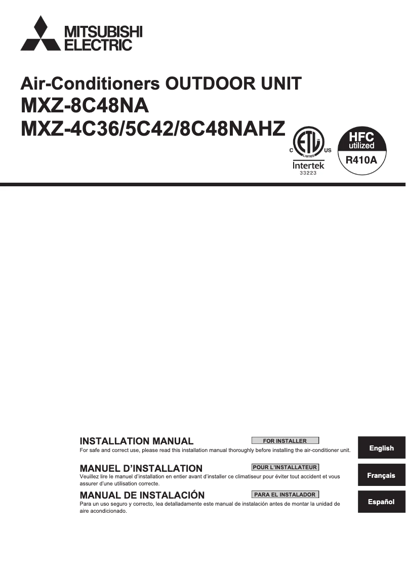 Page 1 de la notice Guide d'installation Mitsubishi MXZ8C48NAHZ
