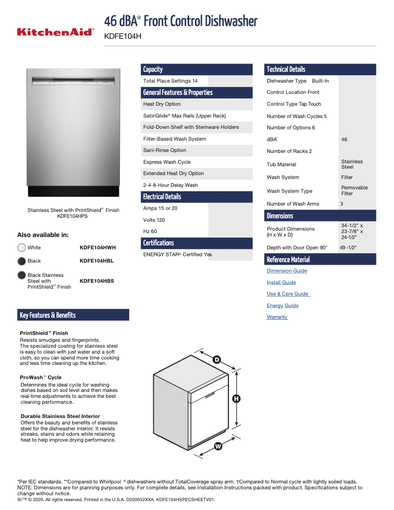 Página 1 del manual Ficha técnica KitchenAid KDFE104HPS