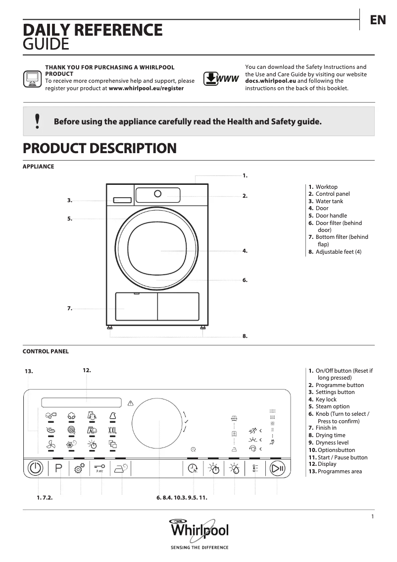 Page 1 de la notice Manuel utilisateur Whirlpool HSCX 10431