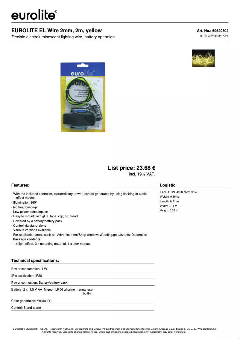 Page n°1 - Fiche technique Eurolite EL Wire