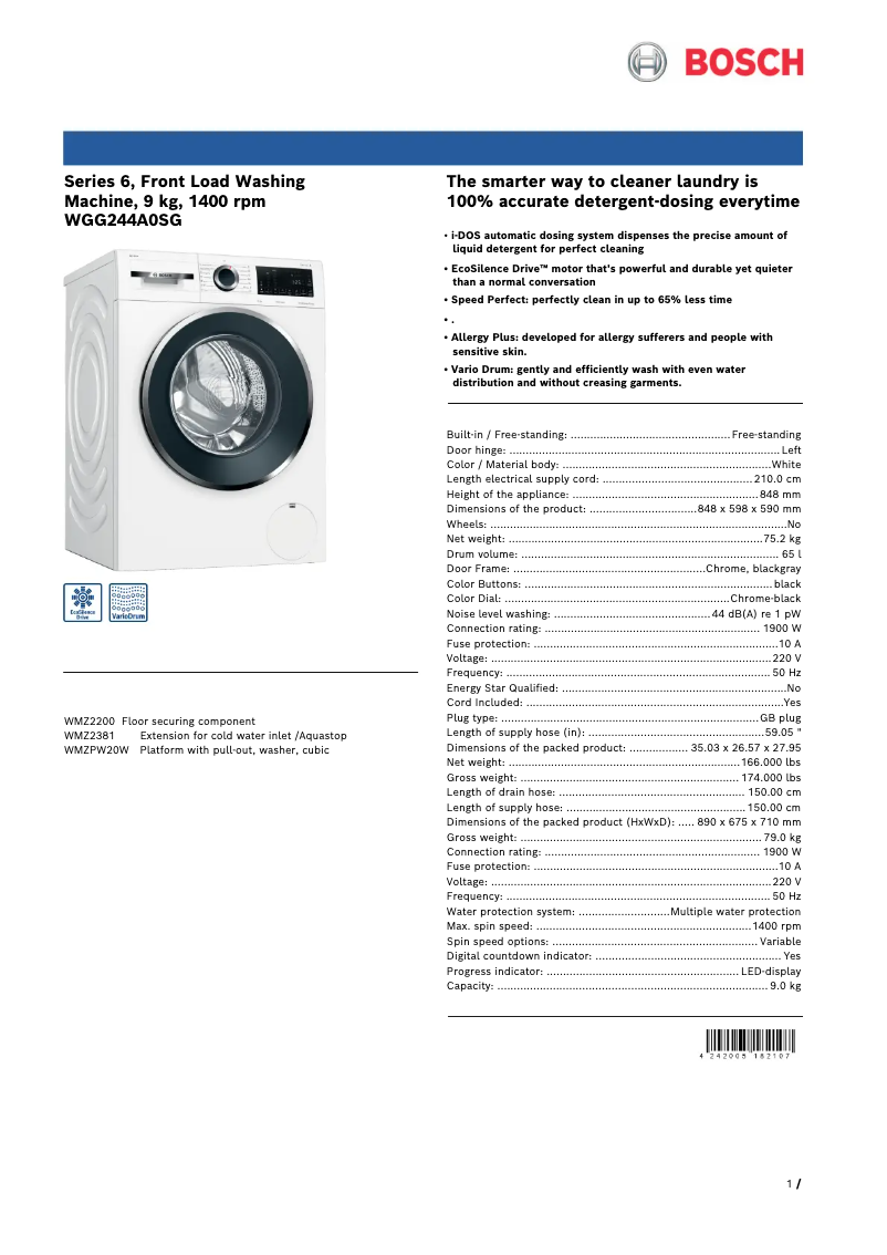 Page n°1 - Fiche technique Bosch WGG244A0SG