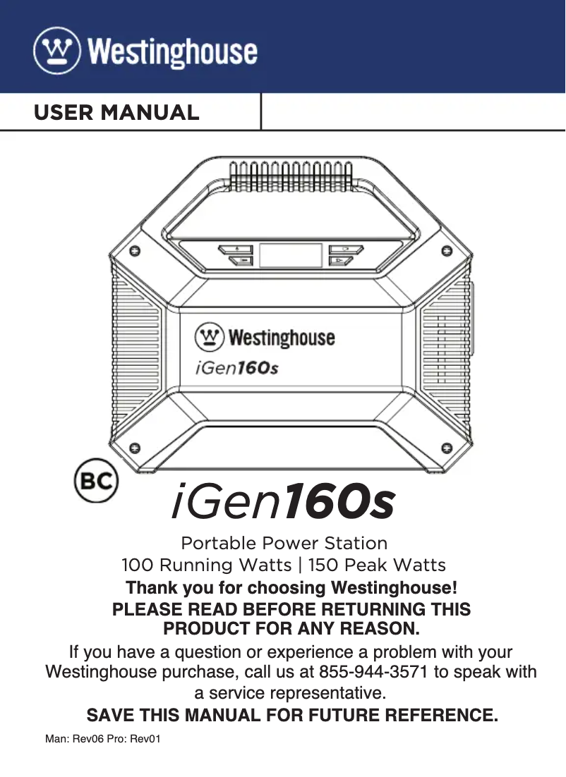 Page 1 de la notice Manuel utilisateur Westinghouse iGen160s