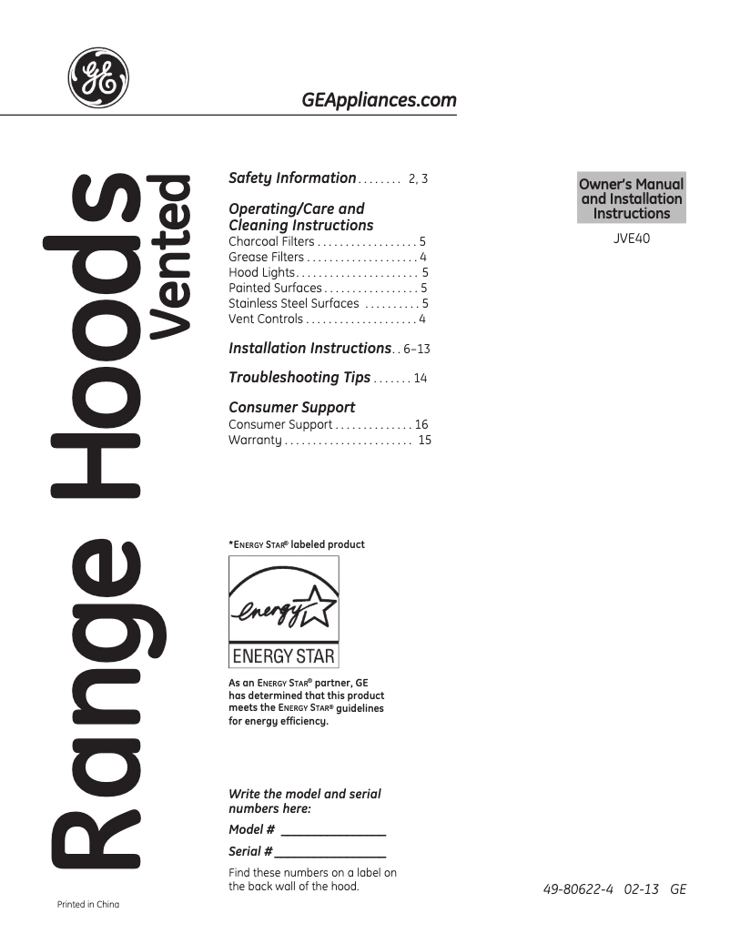 Page 1 de la notice Mode d'emploi GE JVE40STSS