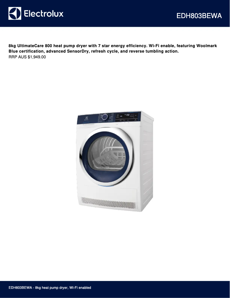 Page 1 de la notice Fiche technique Electrolux EDH803BEWA