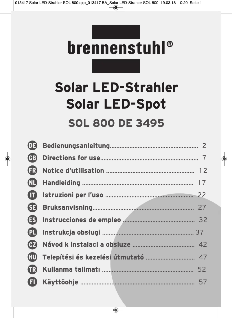 Page 1 de la notice Manuel utilisateur Brennenstuhl SOL 800 DE 3495