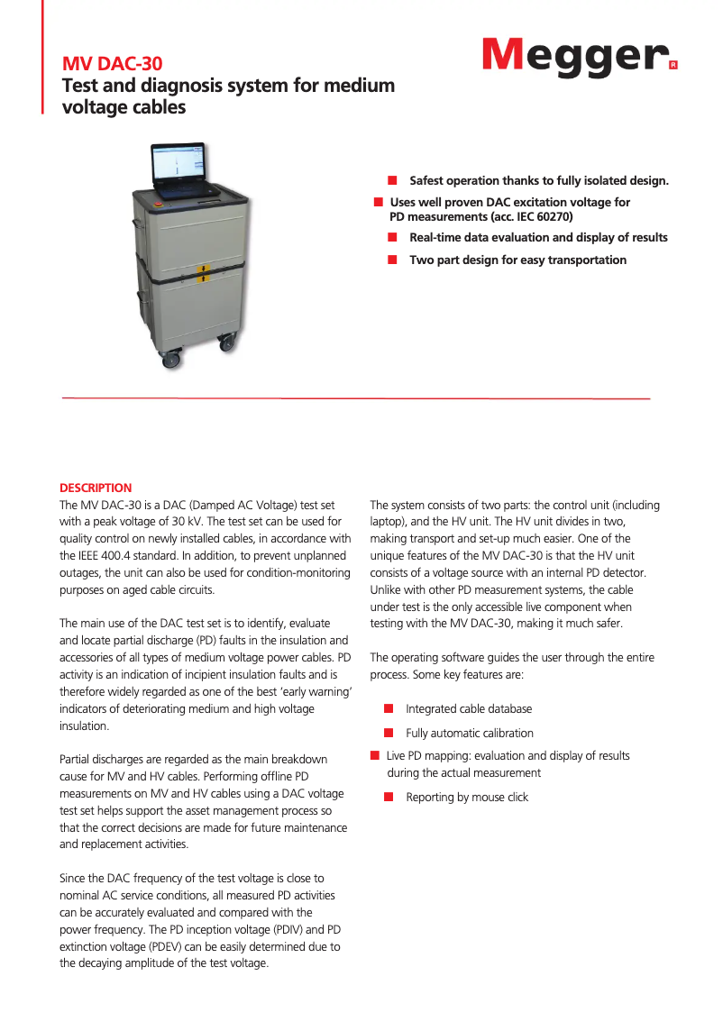 Page 1 de la notice Fiche technique Megger MV DAC-30