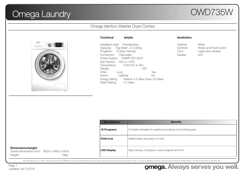 Page 1 de la notice Fiche technique Omega OWD735W