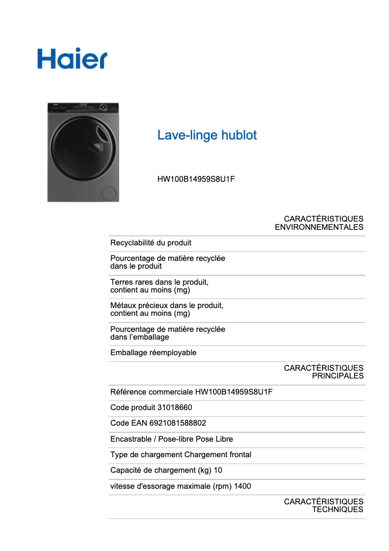 Page 1 de la notice Label énergétique Haier I-Pro Series 5 HW100-B14959S8U1
