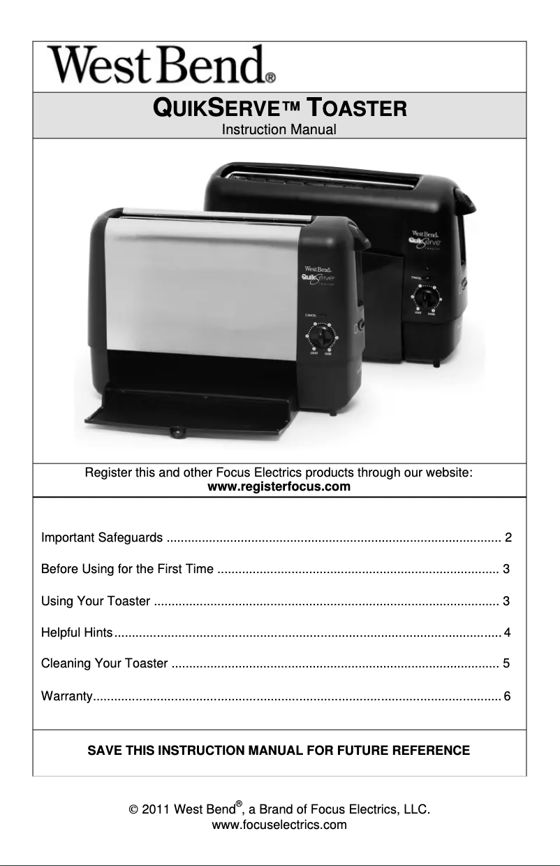Page n°1 - Manuel utilisateur WestBend QuikServe 78222
