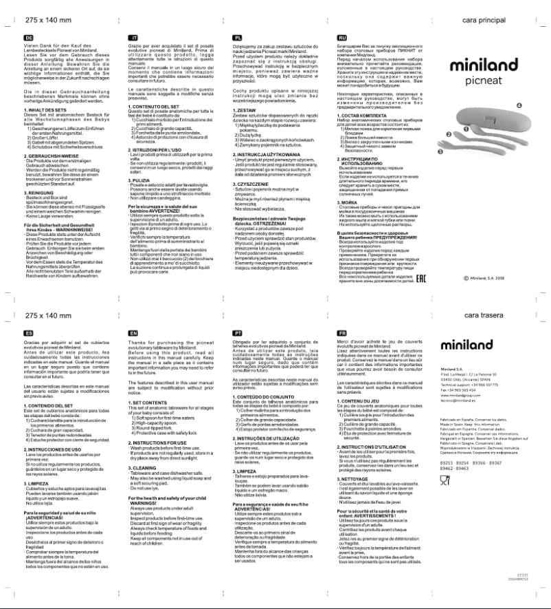 Page 1 de la notice Manuel utilisateur Miniland Picneat Ocean 89462