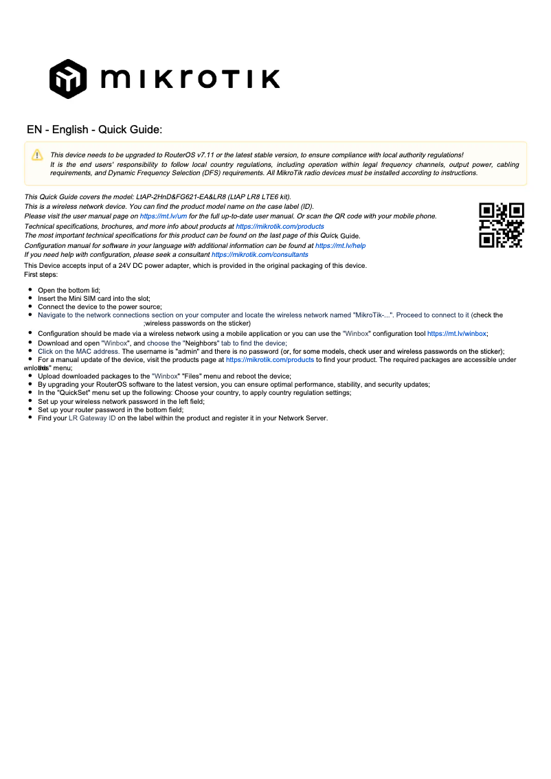 Page 1 de la notice Manuel utilisateur Mikrotik LtAP LR8 LTE6 kit