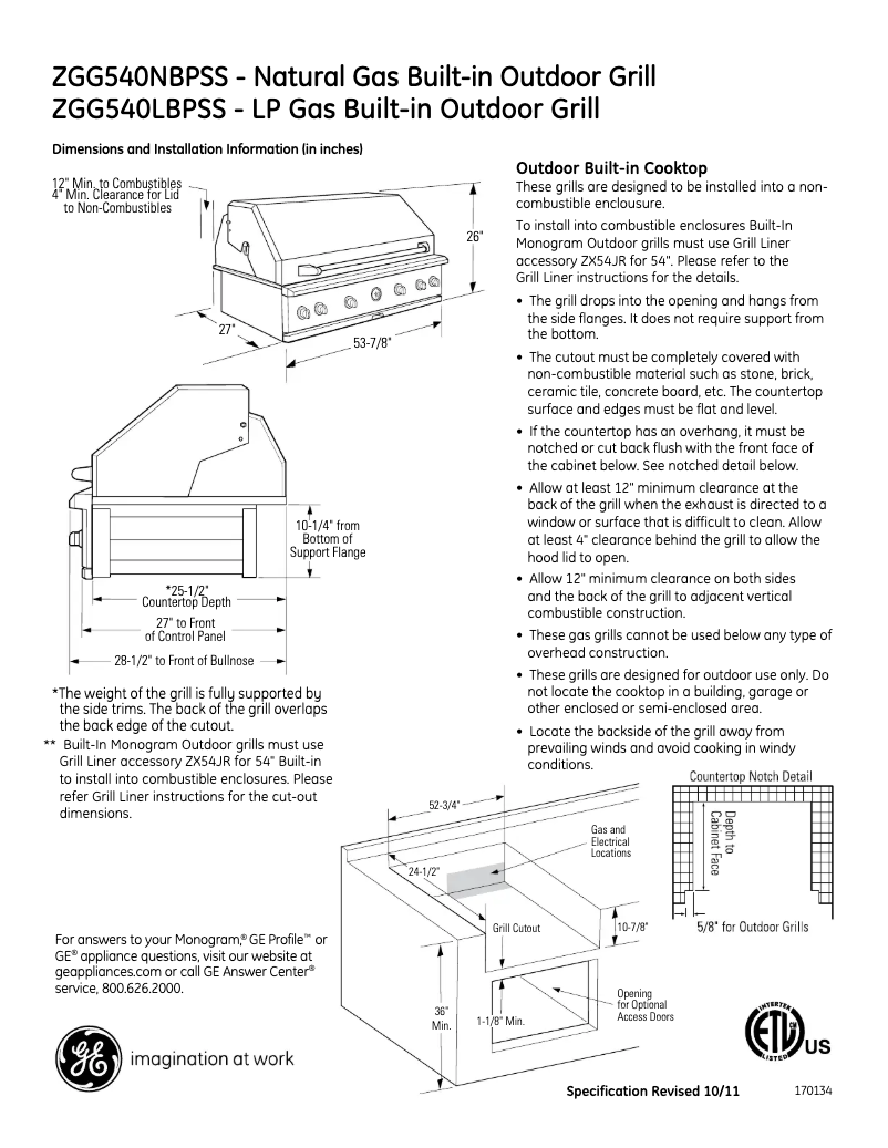 Page 1 de la notice Fiche technique GE ZGG540LBPSS