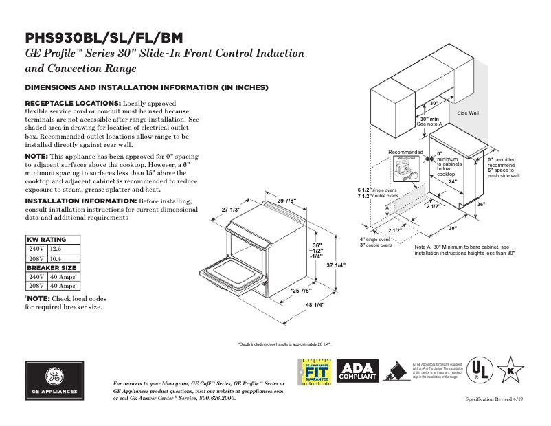 Página 1 del manual Ficha técnica GE PHS930BLTS