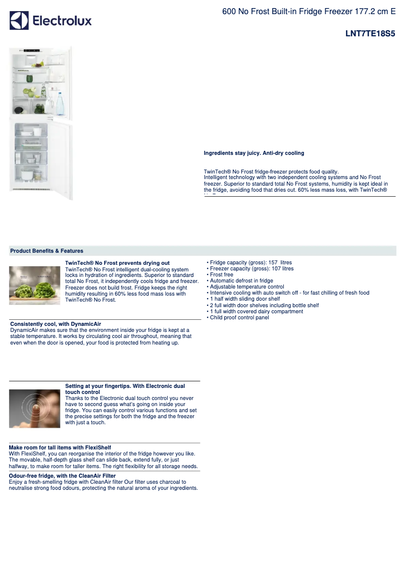 Page 1 de la notice Fiche technique Electrolux LNT7TE18S5