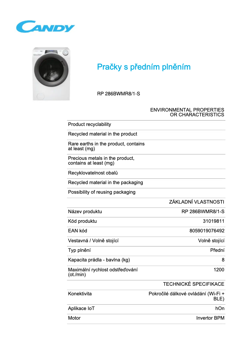 Page 1 de la notice Fiche technique Candy RP 286BWMR8/1-S