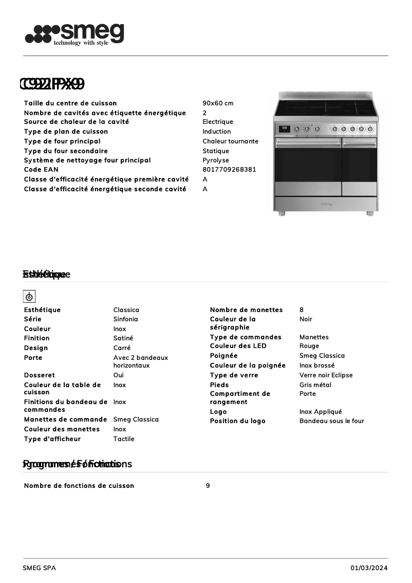 Page 1 de la notice Fiche technique Smeg C92IPX9