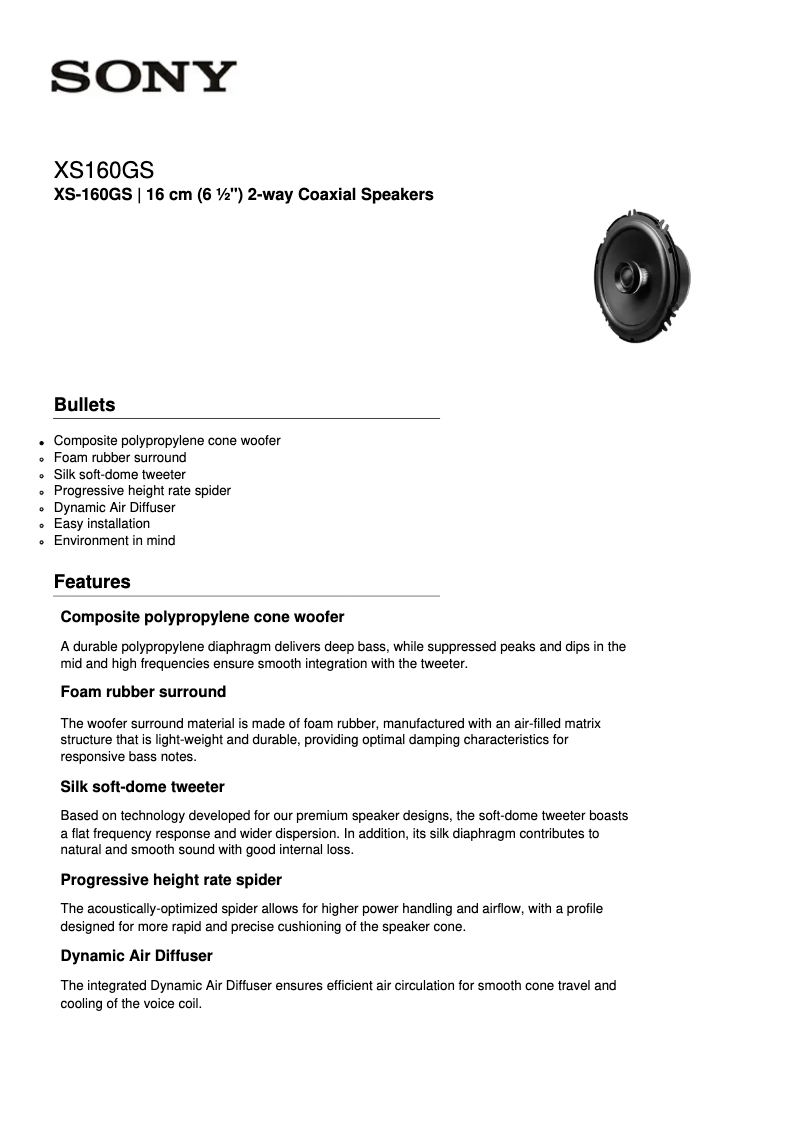 Página 1 del manual Ficha técnica Sony XS-160GS