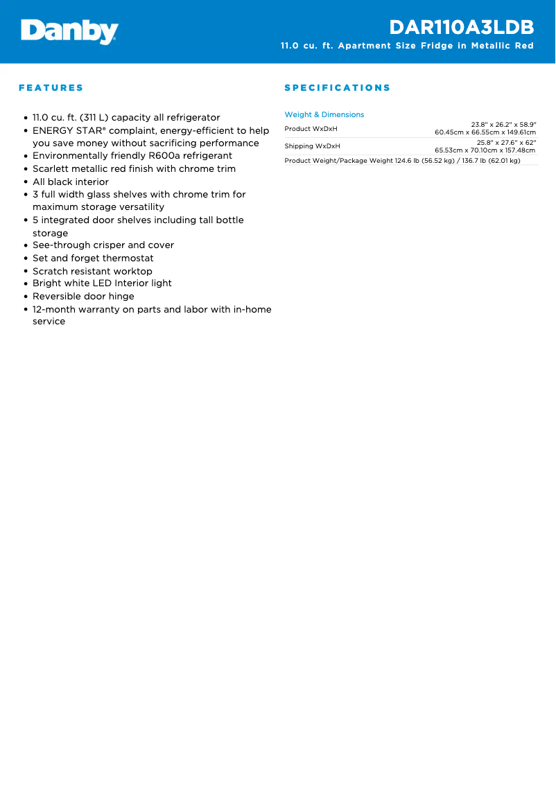 Page n°1 - Fiche technique Danby DAR110A3LDB