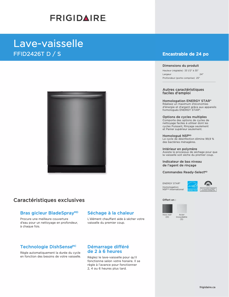 Page 1 de la notice Fiche technique Frigidaire FFID2426TD