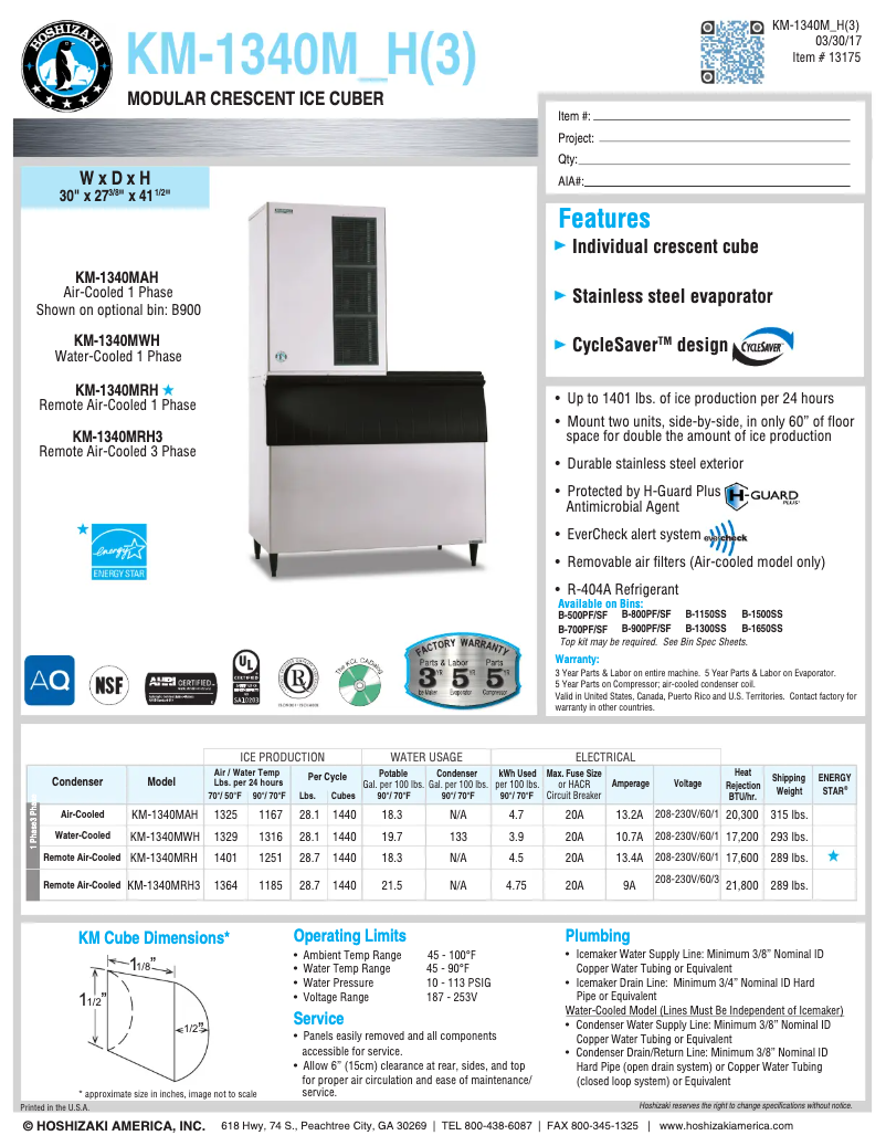 Page 1 de la notice Fiche technique Hoshizaki KM-1340MWH