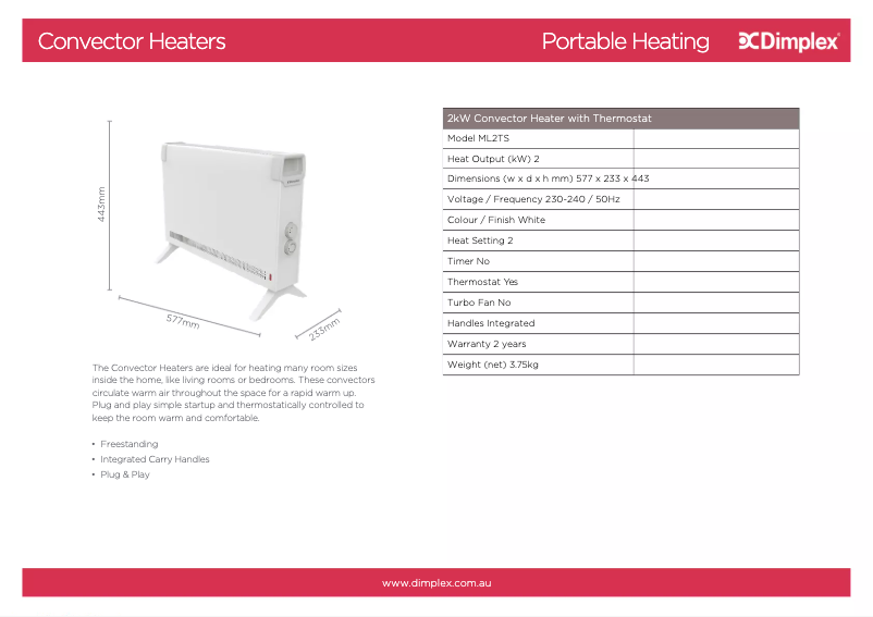 Page 1 de la notice Fiche technique Dimplex ML2TS