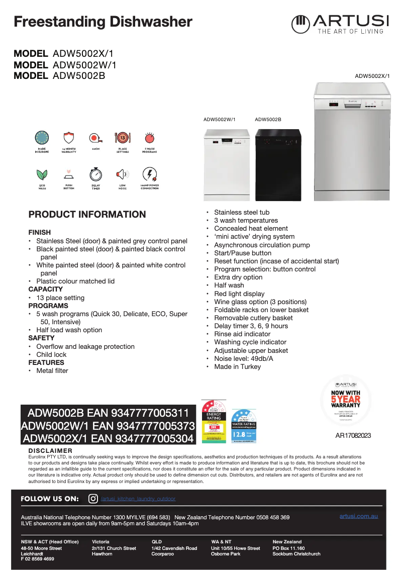 Page 1 de la notice Fiche technique Artusi ADW5002X1