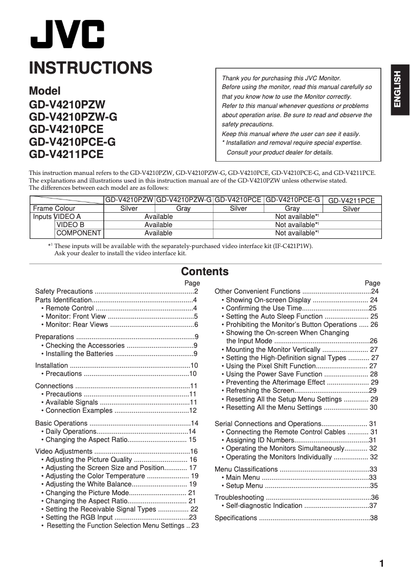 Page 1 de la notice Manuel utilisateur JVC GD-V4210PZW