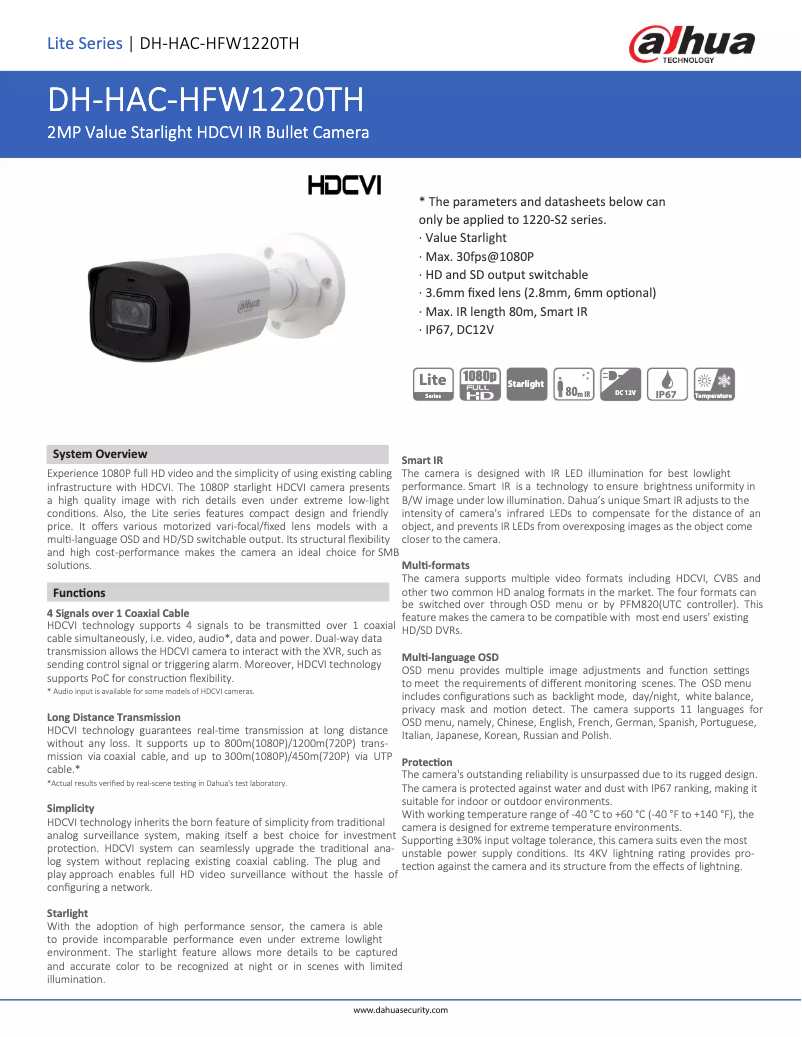 Page n°1 - Fiche technique Dahua Technology HAC-HFW1220TH