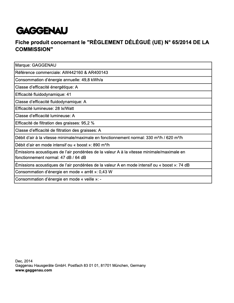 Page 1 de la notice Fiche technique Gaggenau AW442160