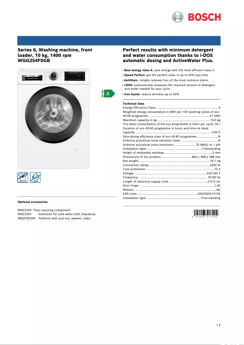 Page 1 de la notice Fiche technique Bosch WGG254F0GB