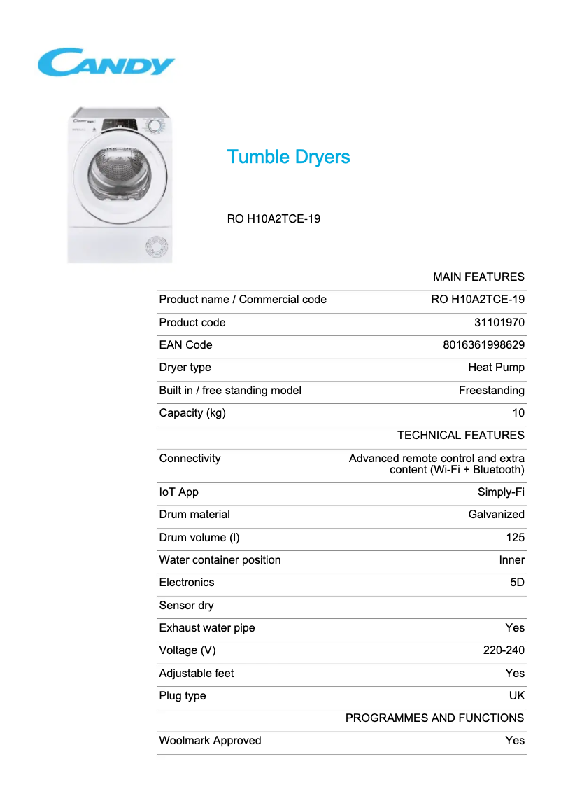Page 1 de la notice Fiche technique Candy RO H10A2TCE-19