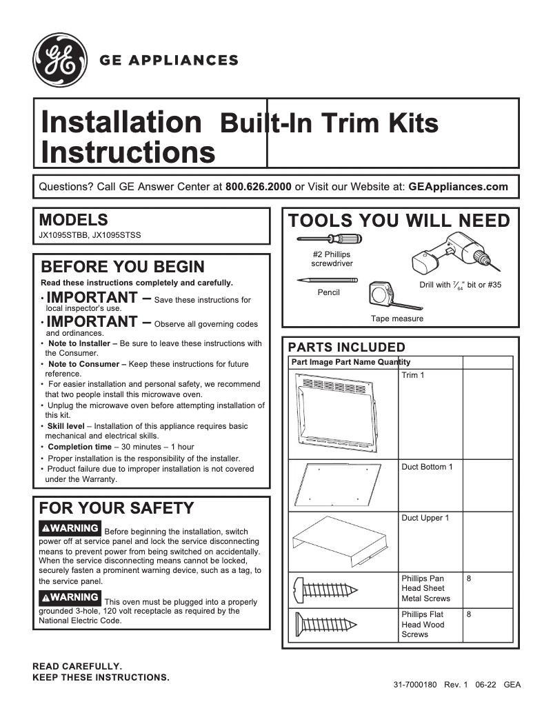 Page 1 of the manual User Manual GE JX1095STSS