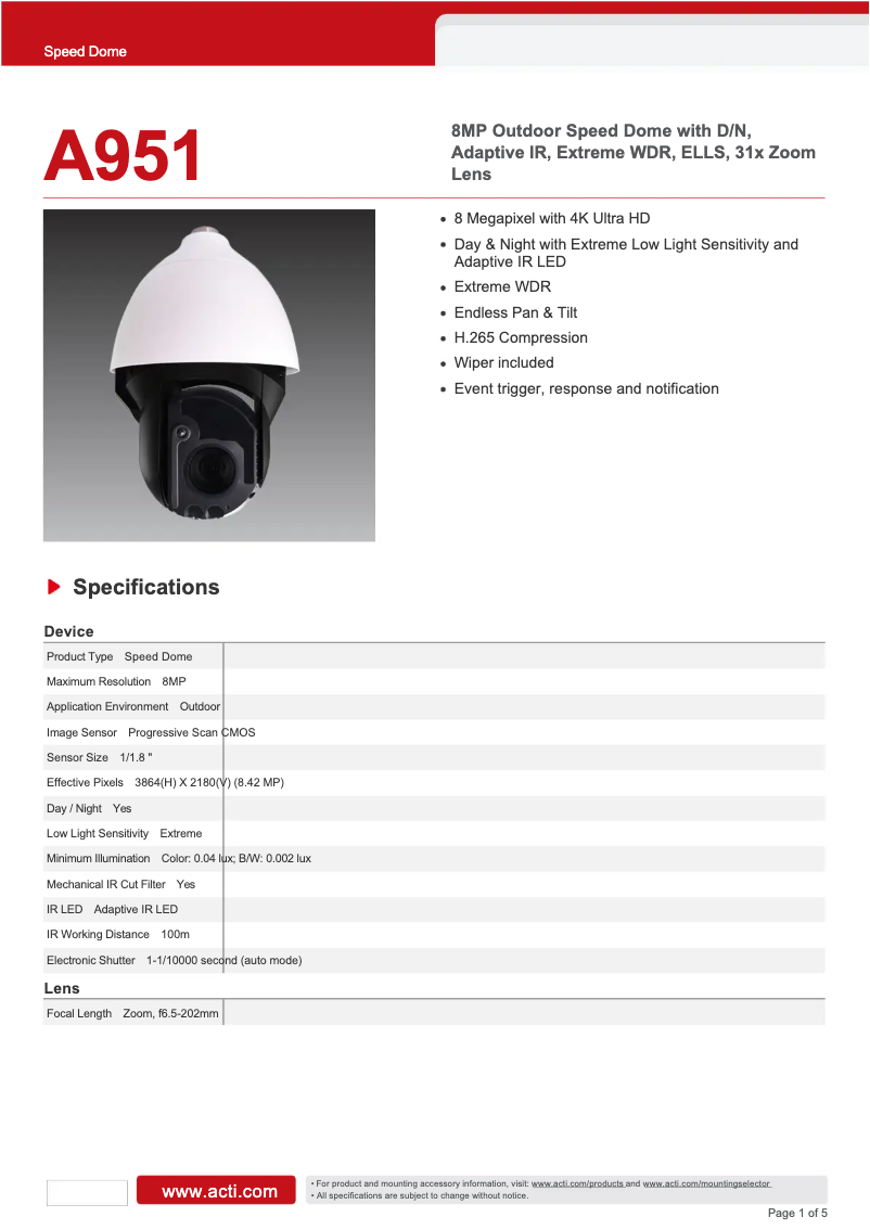 Page n°1 - Fiche technique ACTi A951