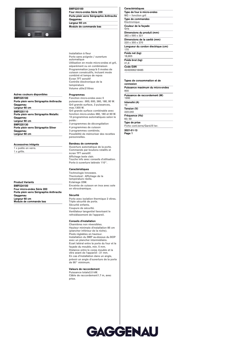 Página 1 del manual Ficha técnica Gaggenau BMP225100