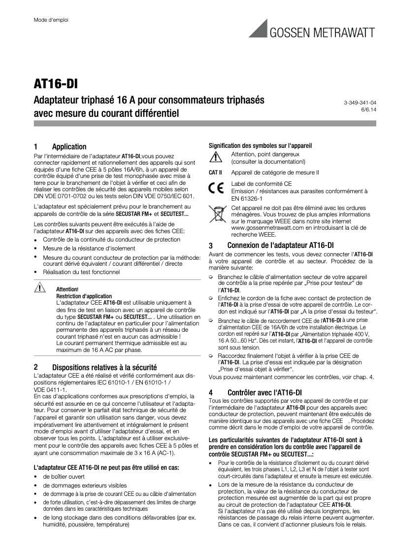 Page 1 de la notice Manuel utilisateur Gossen Metrawatt AT16-DI