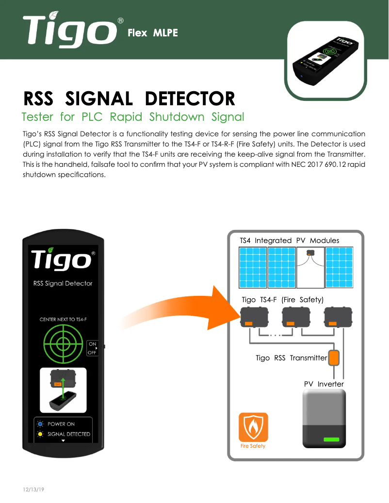 Page 1 de la notice Fiche technique Tigo RSS Signal Detector