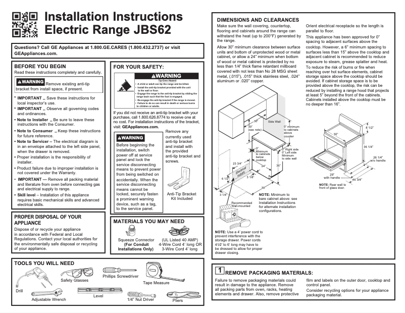 Page n°1 - Guide d'installation GE JBS62RWSS