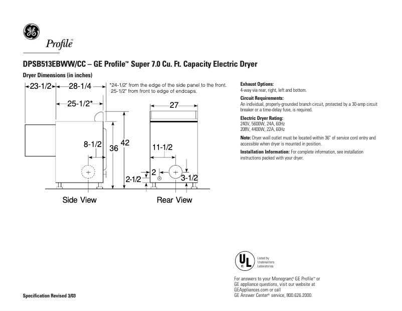 Page n°1 - Fiche technique GE Profile DPSB513EBWW