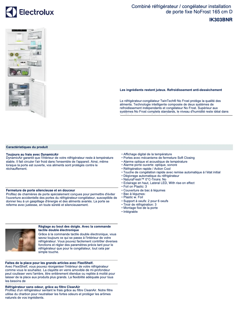 Page 1 de la notice Fiche technique Electrolux IK303BNR