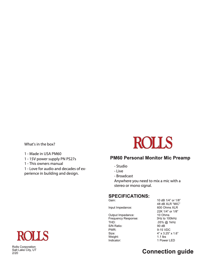 Page 1 de la notice Manuel utilisateur Rolls PM60