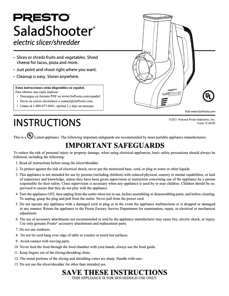 Page n°1 - Manuel utilisateur Presto SaladShooter 02910