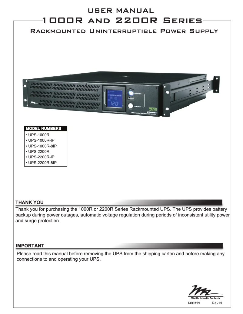 Página 1 del manual Manual de usuario Middle Atlantic UPS-1000R