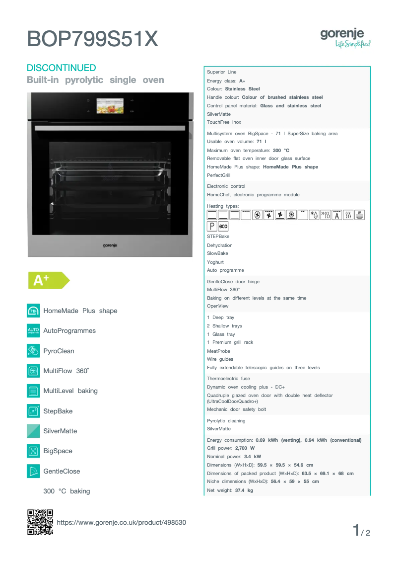 Page 1 de la notice Fiche technique Gorenje BOP799S51X