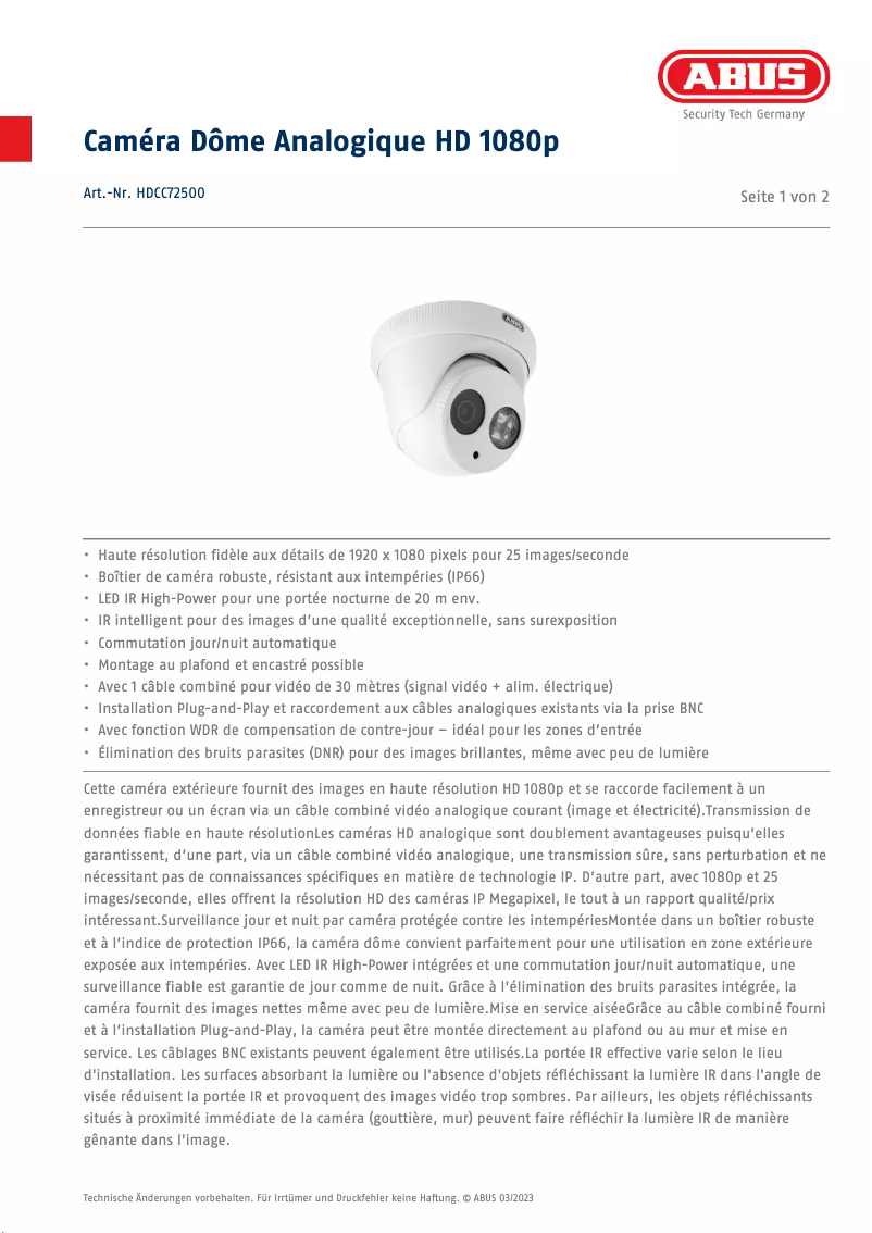 Page 1 de la notice Fiche technique Abus HDCC72500