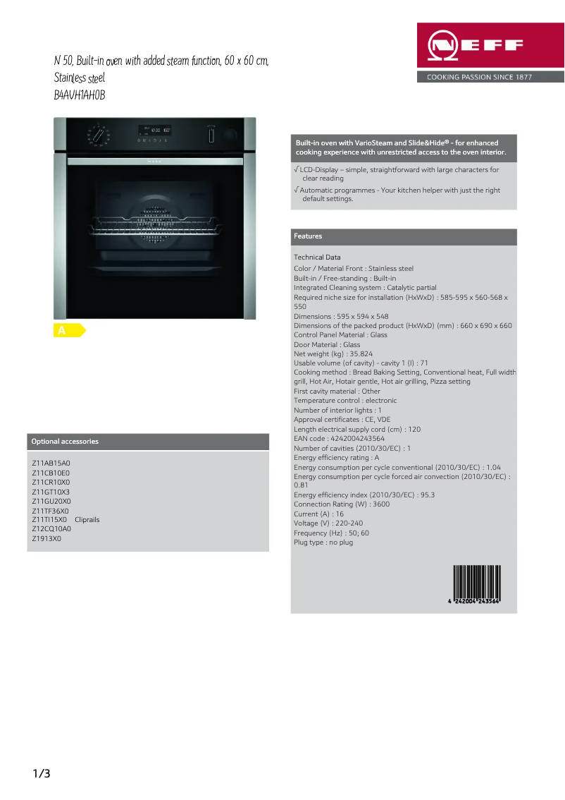 Page n°1 - Fiche technique Neff B4AVH1AH0B