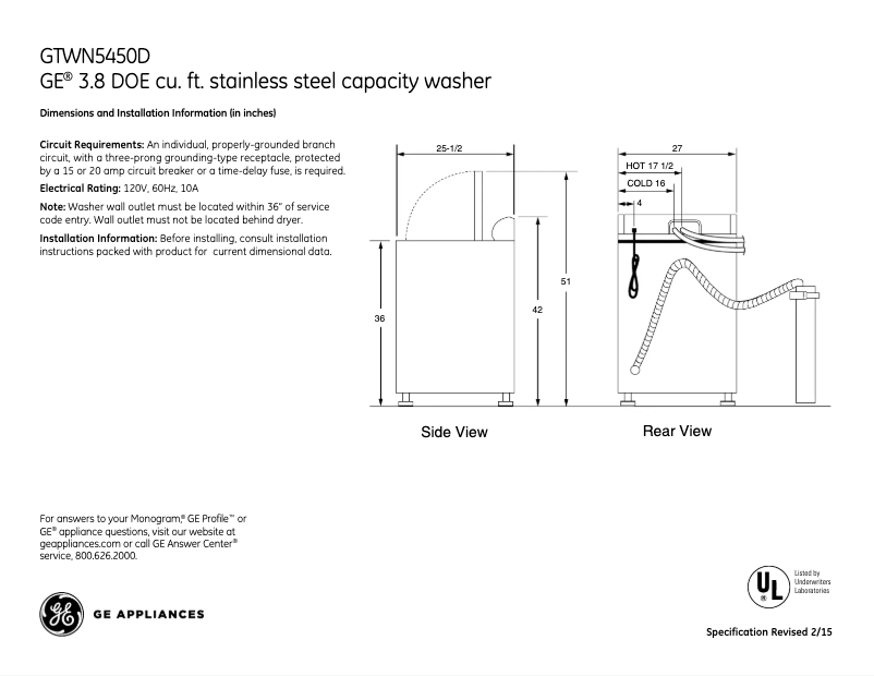 Page 1 de la notice Fiche technique GE GTWN5450DWW