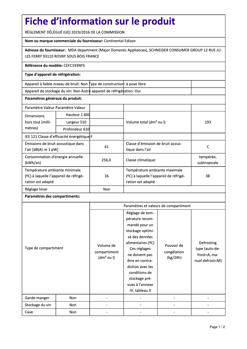 Page n°1 - Label énergétique Continental Edison CEFC193NFB