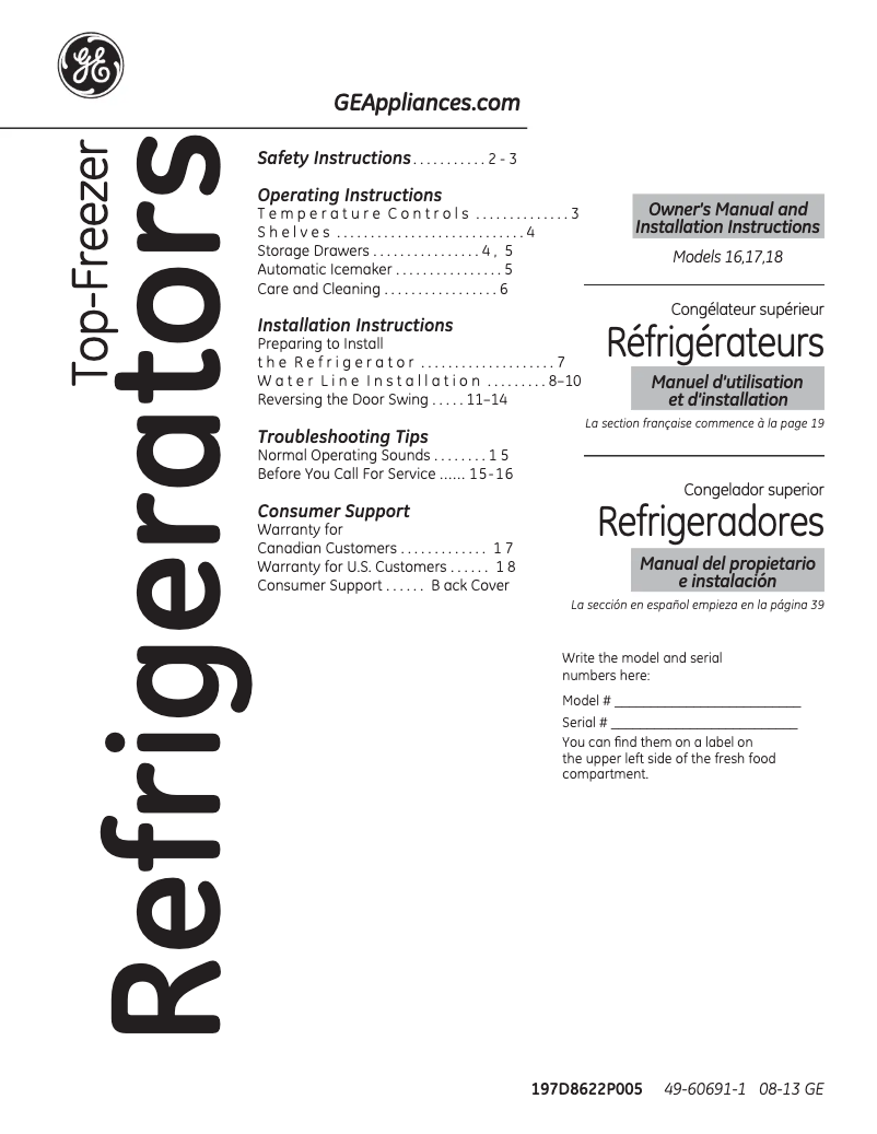 Page 1 de la notice Manuel d'utilisation et d'entretien GE GTH17DBDWW