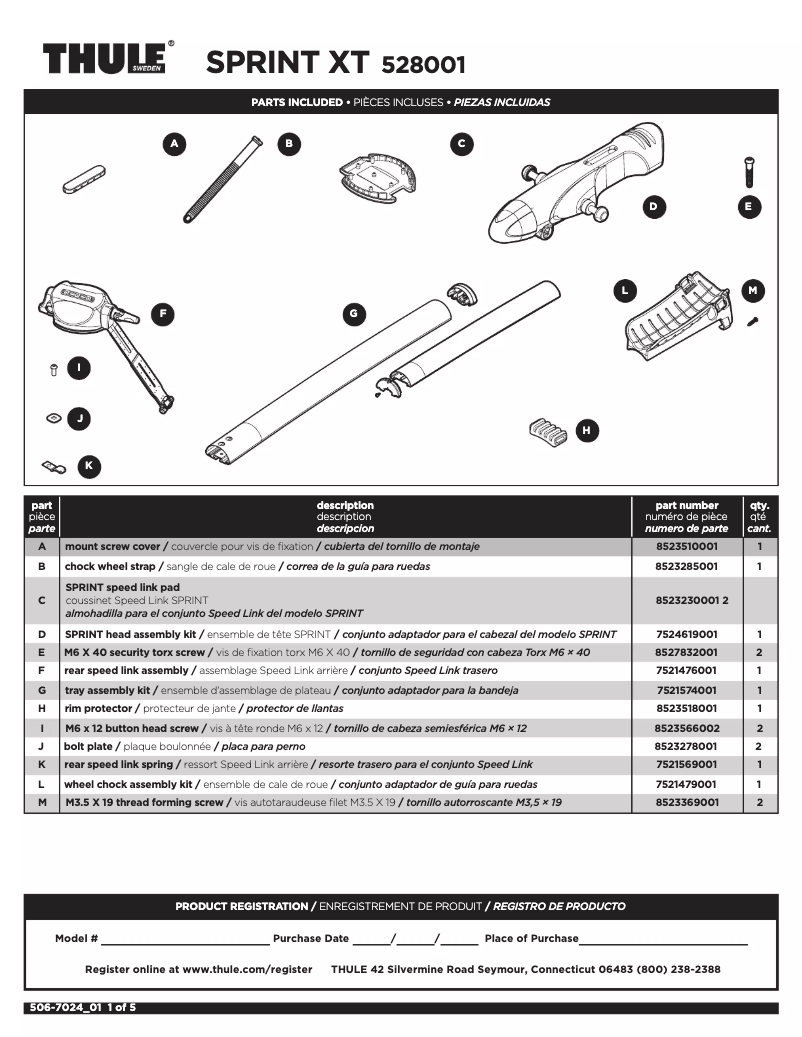 Page 1 de la notice Manuel utilisateur Thule Sprint XT 528001