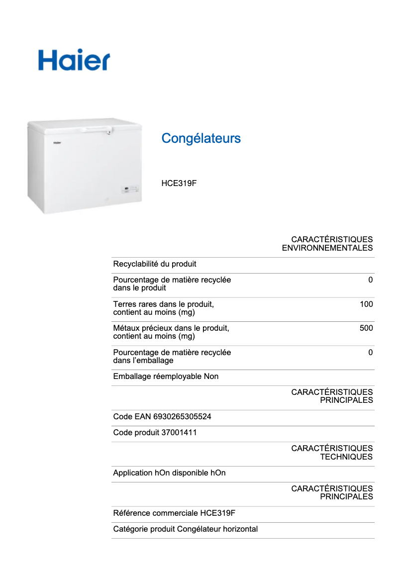 Page 1 de la notice Label énergétique Haier HCE319F